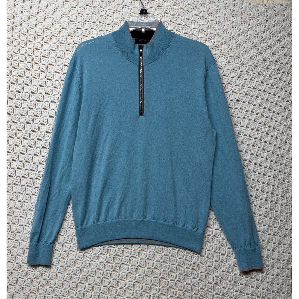 Greyson 100%Wool Sweater Mens Sz L Blue  Long Sleeve Quarter Zipper Pullover